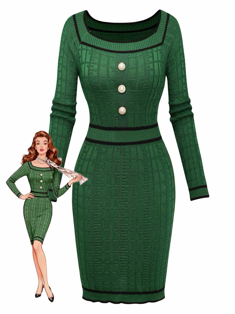1960er Quadratischer Hals Perle Taste Stricken Kleid