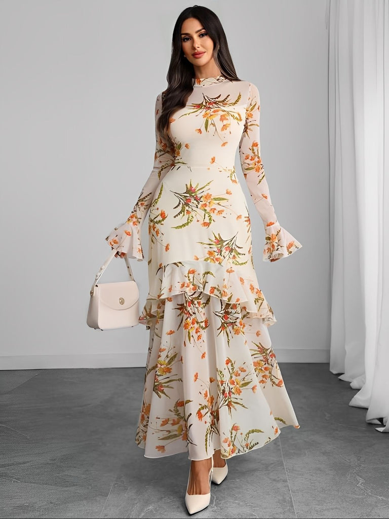 Schwarz 1930er Blumen Netz Rüschen Maxi Kleid