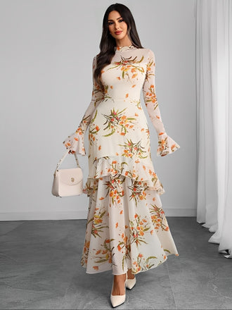 Schwarz 1930er Blumen Netz Rüschen Maxi Kleid