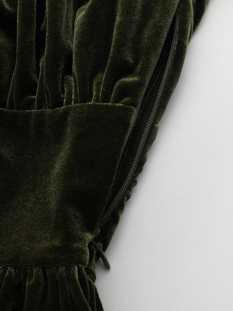 Grün 1940er Samt Tief-V Puffärmel Gerüschtes Kleid