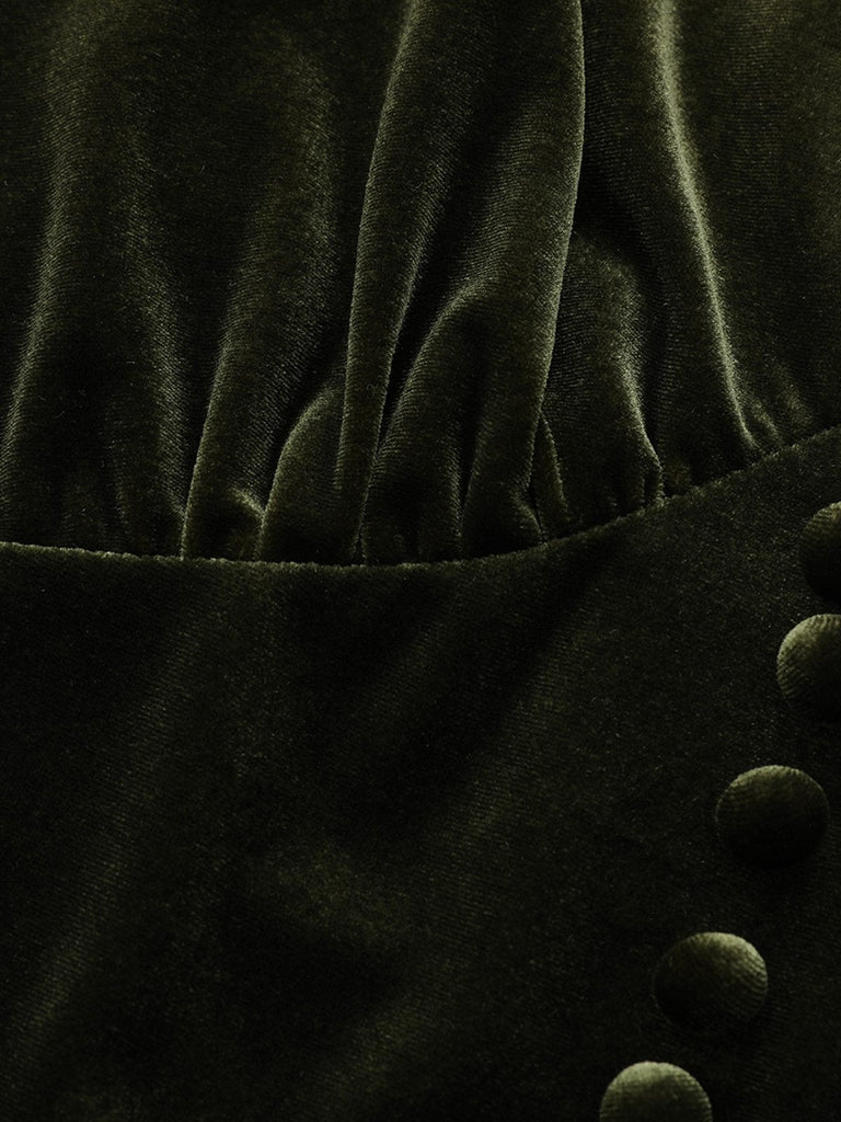 Grün 1940er Samt Tief-V Puffärmel Gerüschtes Kleid