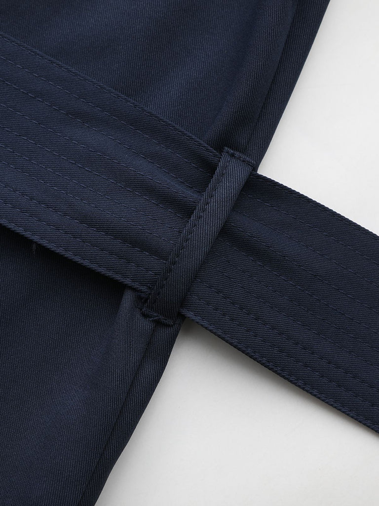 Blau 1940er Zweireihiger Rundhals Trench Mantel