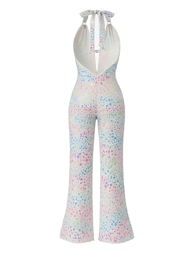 Metallisch 1980er Leopard Halter Tief-V Rückenfrei Jumpsuit