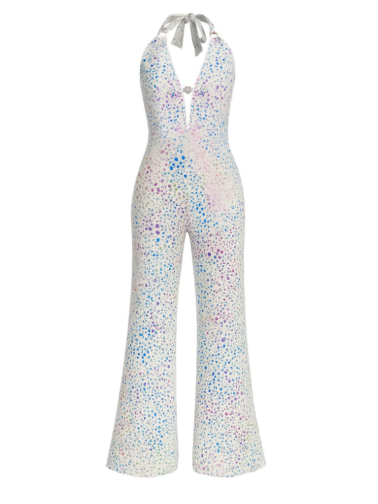 Metallisch 1980er Leopard Halter Tief-V Rückenfrei Jumpsuit