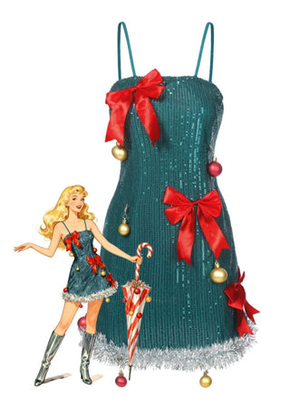 Grün 1960er Bogen & Weihnachten Glocke Pailletten Kleid