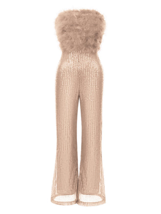 1950er Solide Feder Pailletten Patchwork Trägerlos Jumpsuit