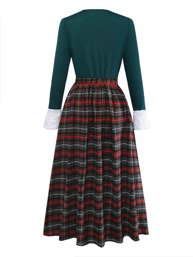 Grün 1930er Plaid Spitze Patchwork V-Ausschnitt Kleid