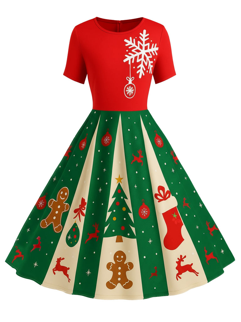 Rot & Grün 1950er Weihnachten Schneeflocke Swing Kleid