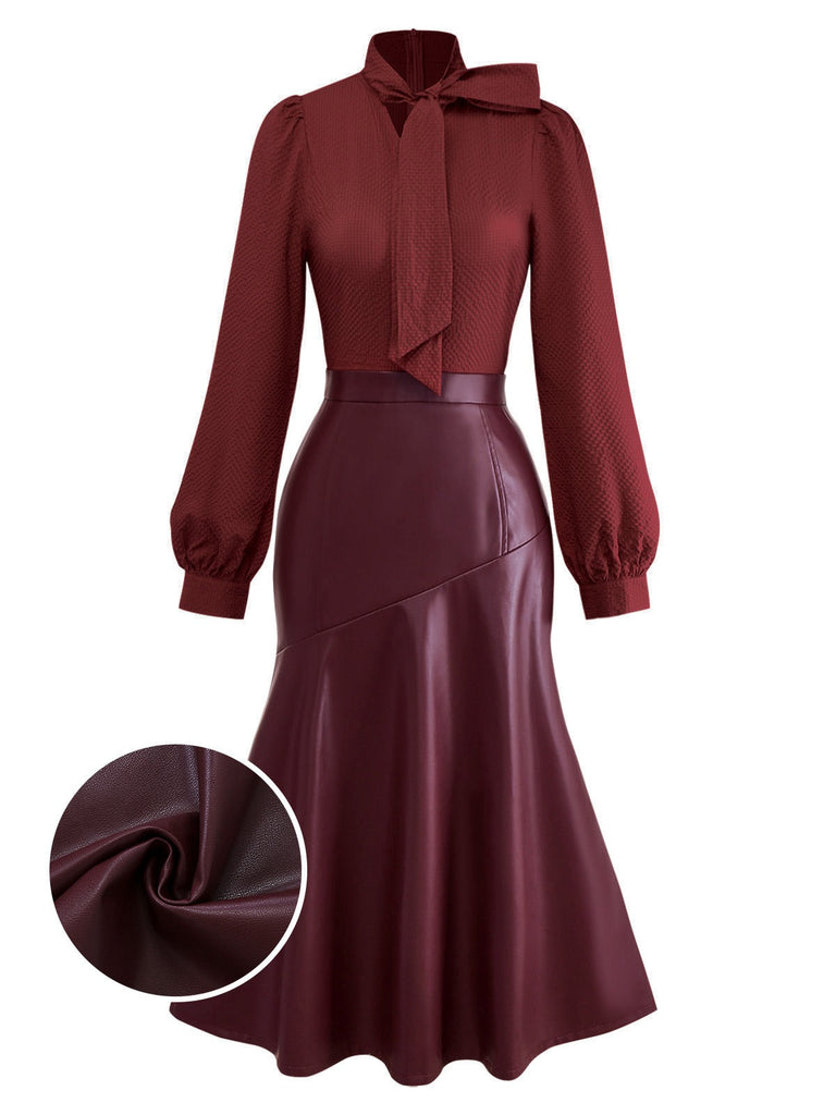 [Vorverkauf] Weinrot 1940er Binde Hals Leder Patchwork Kleid