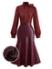 [Vorverkauf] Weinrot 1940er Binde Hals Leder Patchwork Kleid