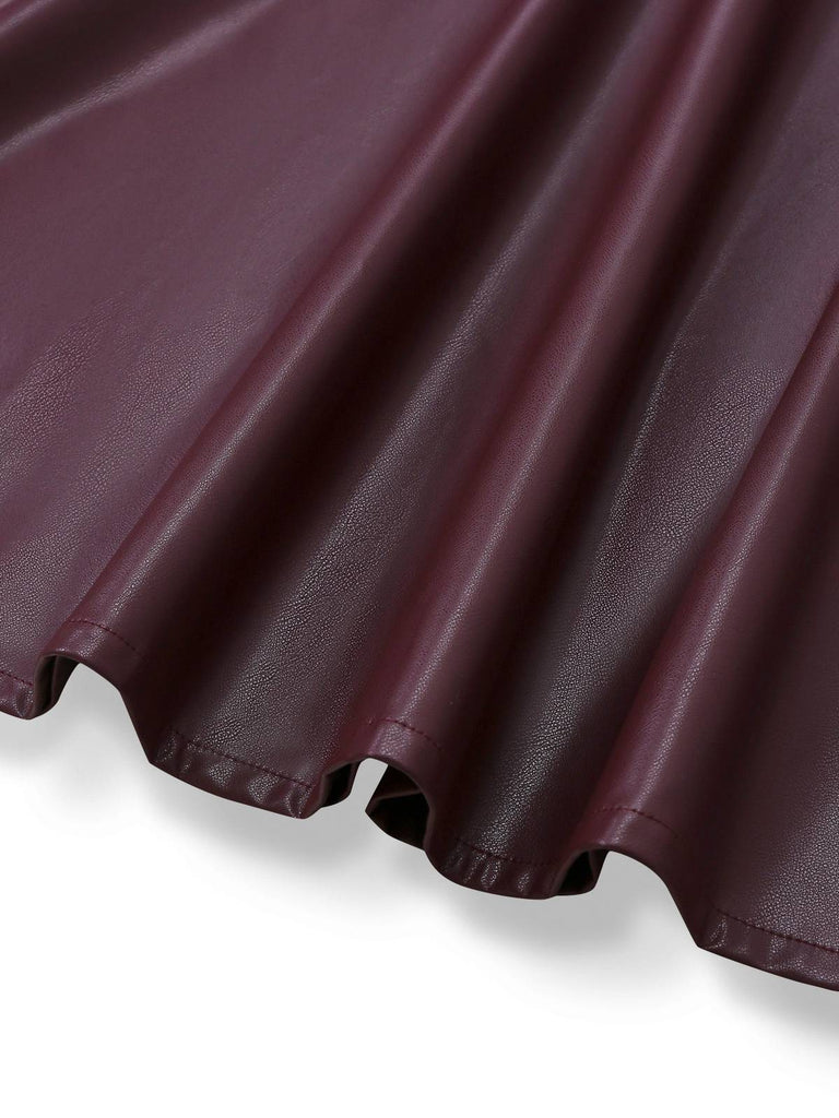 [Vorverkauf] Weinrot 1940er Binde Hals Leder Patchwork Kleid