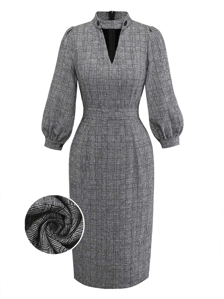 [Vorverkauf] Grau 1960er Taste Hochkragen Puffärmel Bleistift Kleid