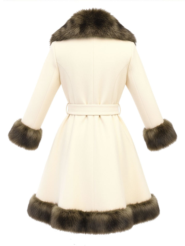 Cremeweiß 1950er Pelzkragen Patchwork Mantel
