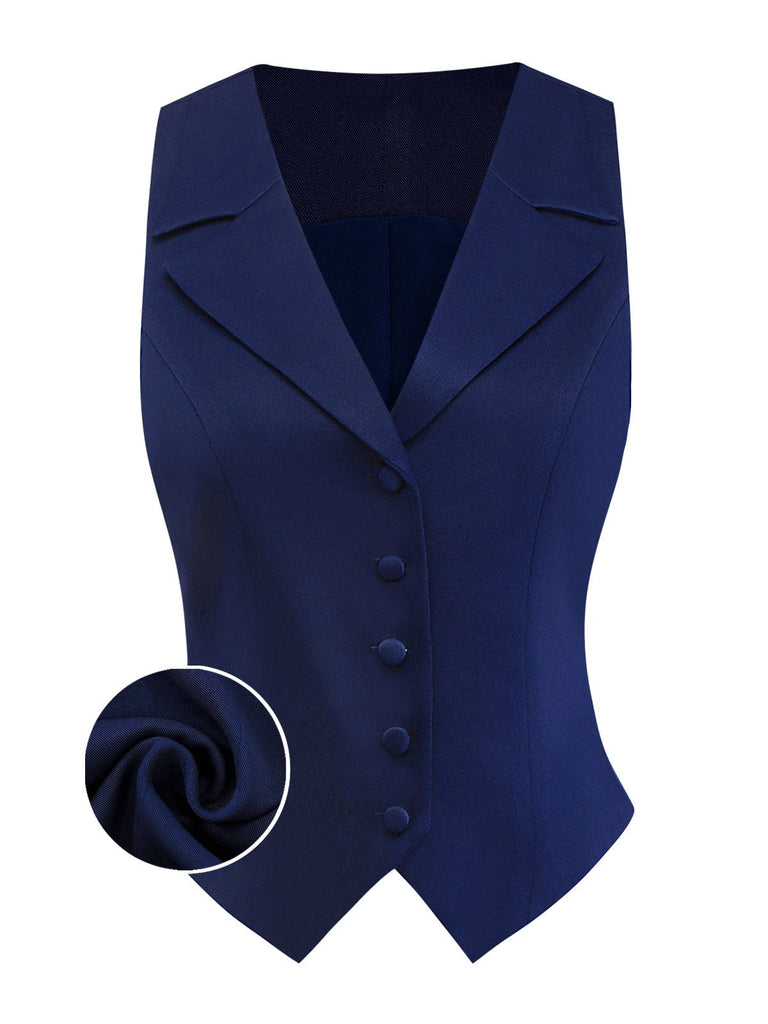 [Vorverkauf] Dunkelblau 1950er Solide Gekerbt Kragen Taste Weste