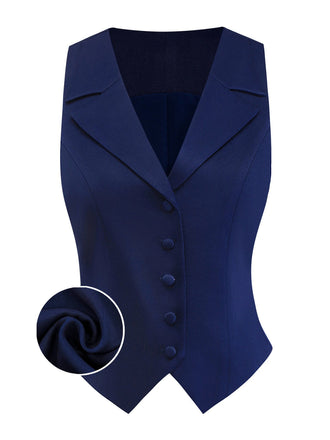 [Vorverkauf] Dunkelblau 1950er Solide Gekerbt Kragen Taste Weste