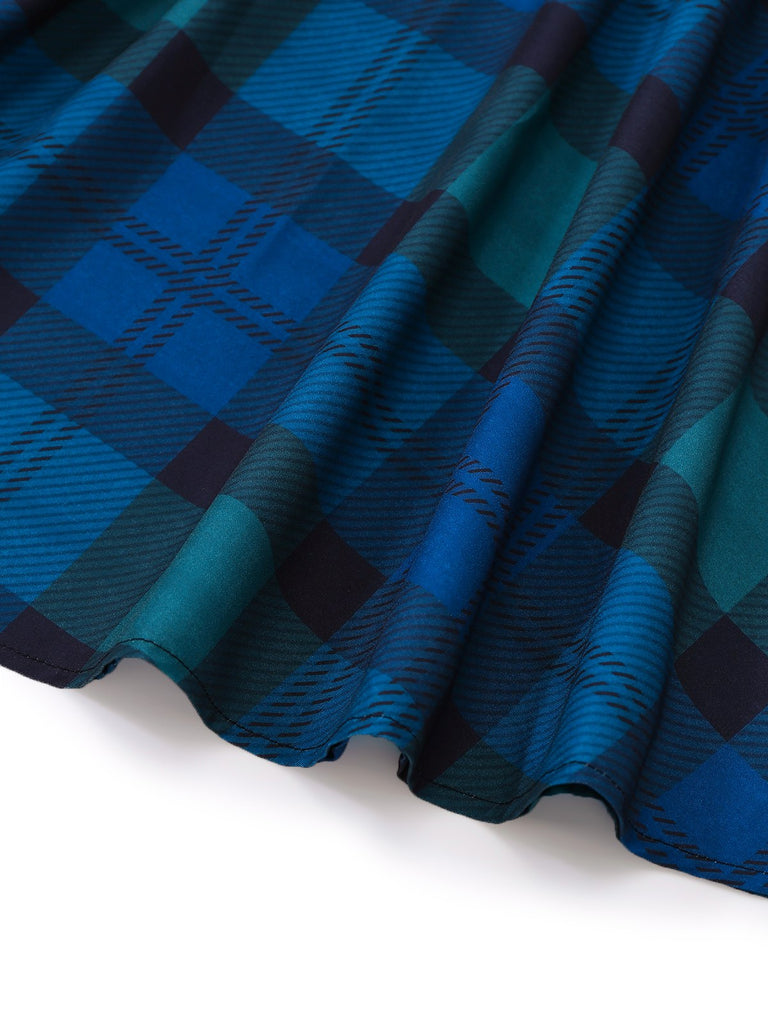 [Vorverkauf] Blau 1950er Hemd Kragen Vichy Kariert Patchwork Kleid