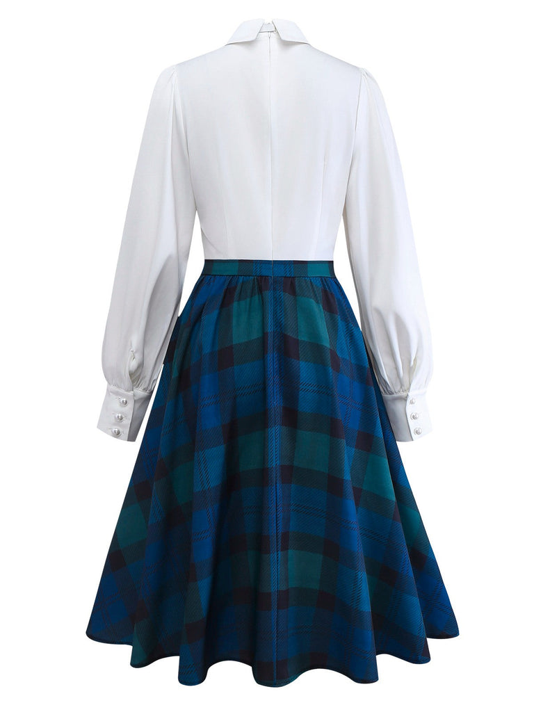[Vorverkauf] Blau 1950er Hemd Kragen Vichy Kariert Patchwork Kleid