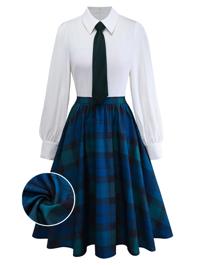 [Vorverkauf] Blau 1950er Hemd Kragen Vichy Kariert Patchwork Kleid