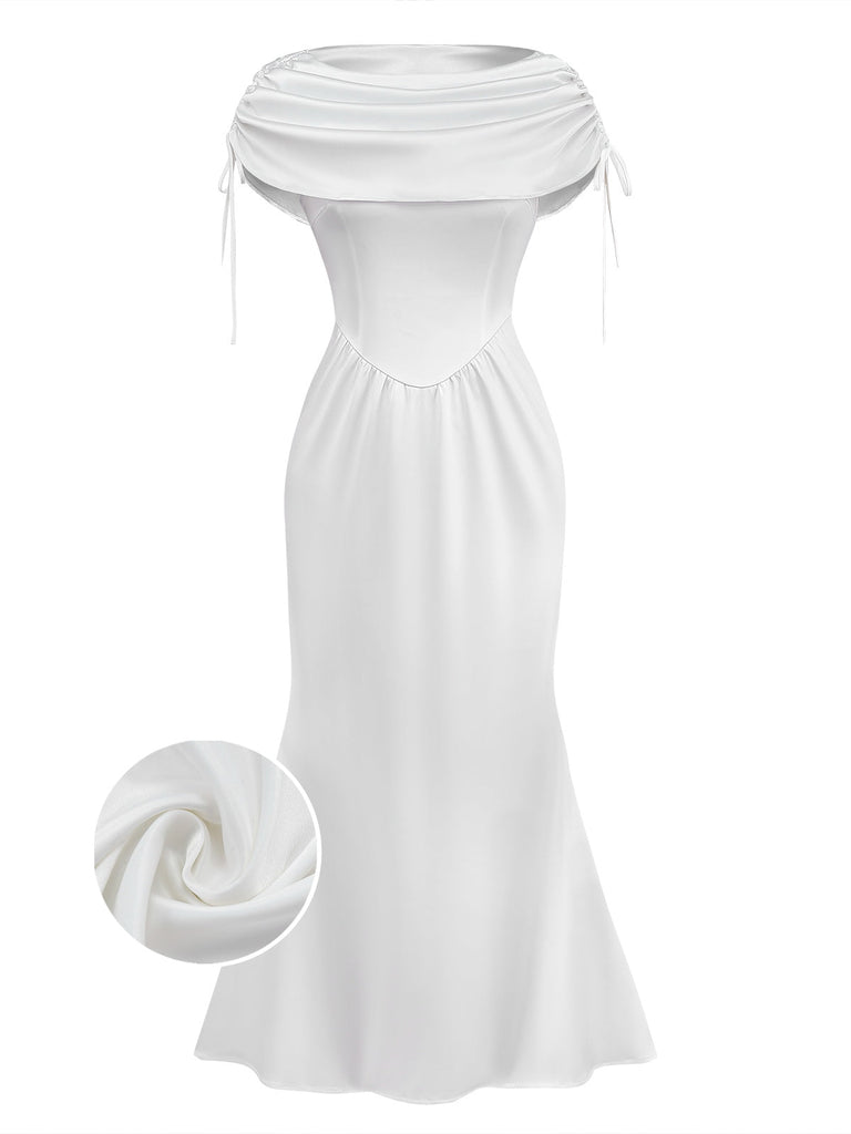 [Vorverkauf] Weiß 1930er Satin Gerüschtes Bootskragen Kleid