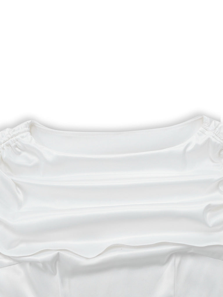 [Vorverkauf] Weiß 1930er Satin Gerüschtes Bootskragen Kleid