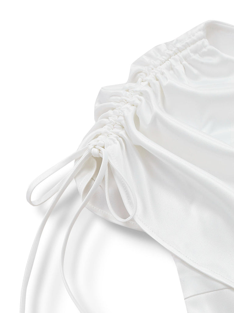 [Vorverkauf] Weiß 1930er Satin Gerüschtes Bootskragen Kleid