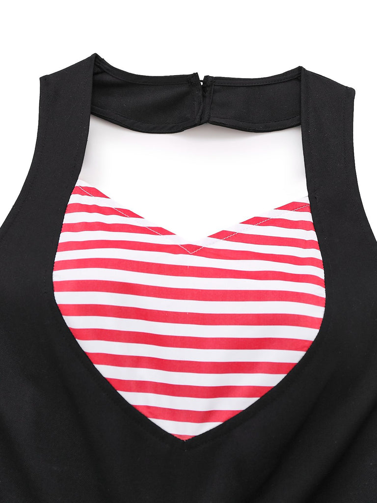 [Vorverkauf] Schwarz 1950er Herzausschnitt Streifen Stricken Halter Kleid