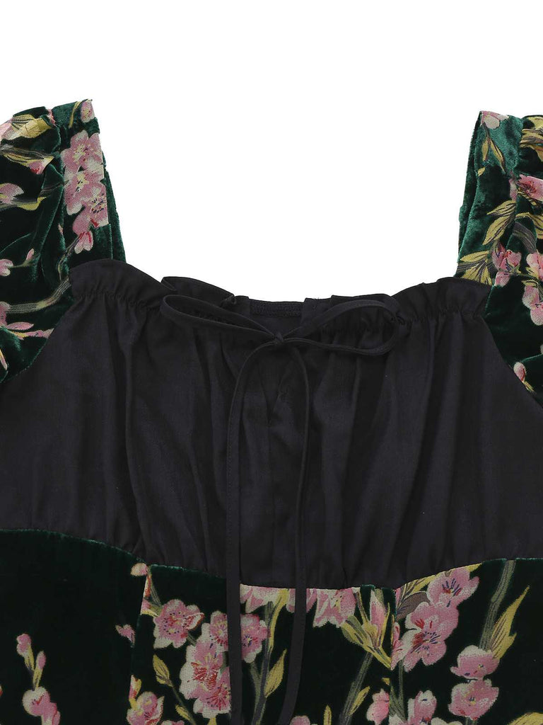 [Vorverkauf] 1960er Quadratischer Hals Rüschen Blumen Samt Kleid