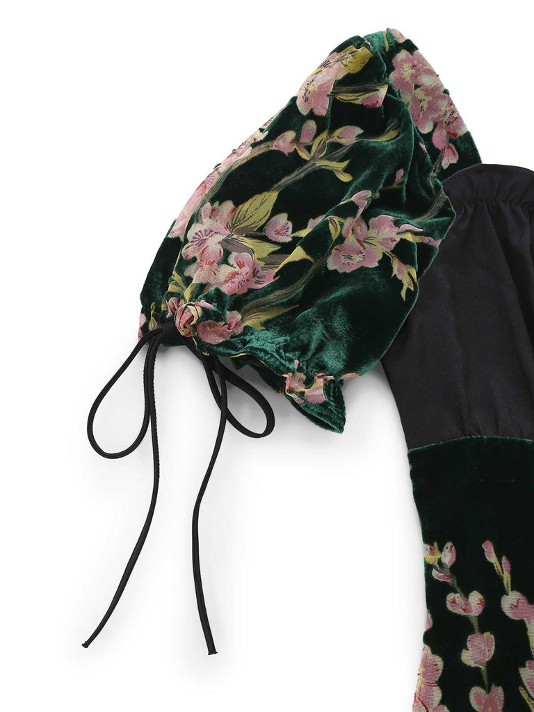 [Vorverkauf] 1960er Quadratischer Hals Rüschen Blumen Samt Kleid