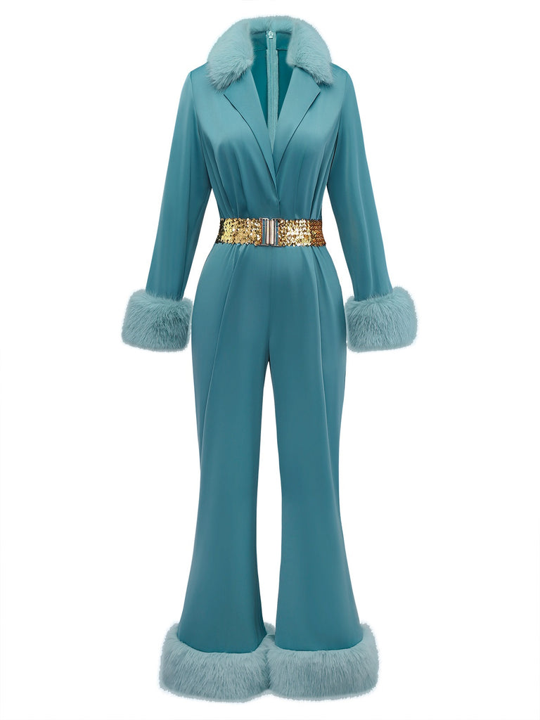 Blau 1970er Pelzbesatz Revers Pailletten Gürtel Jumpsuit