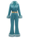 Blau 1970er Pelzbesatz Revers Pailletten Gürtel Jumpsuit