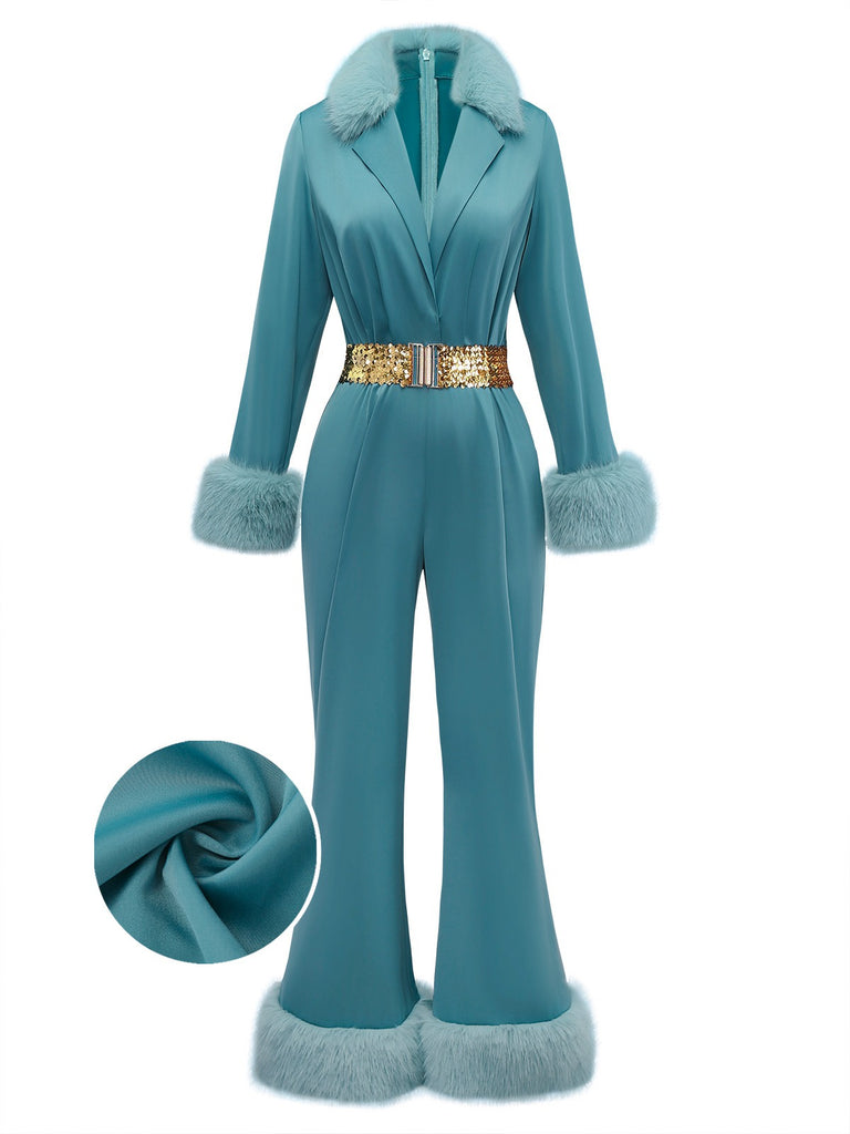 Blau 1970er Pelzbesatz Revers Pailletten Gürtel Jumpsuit