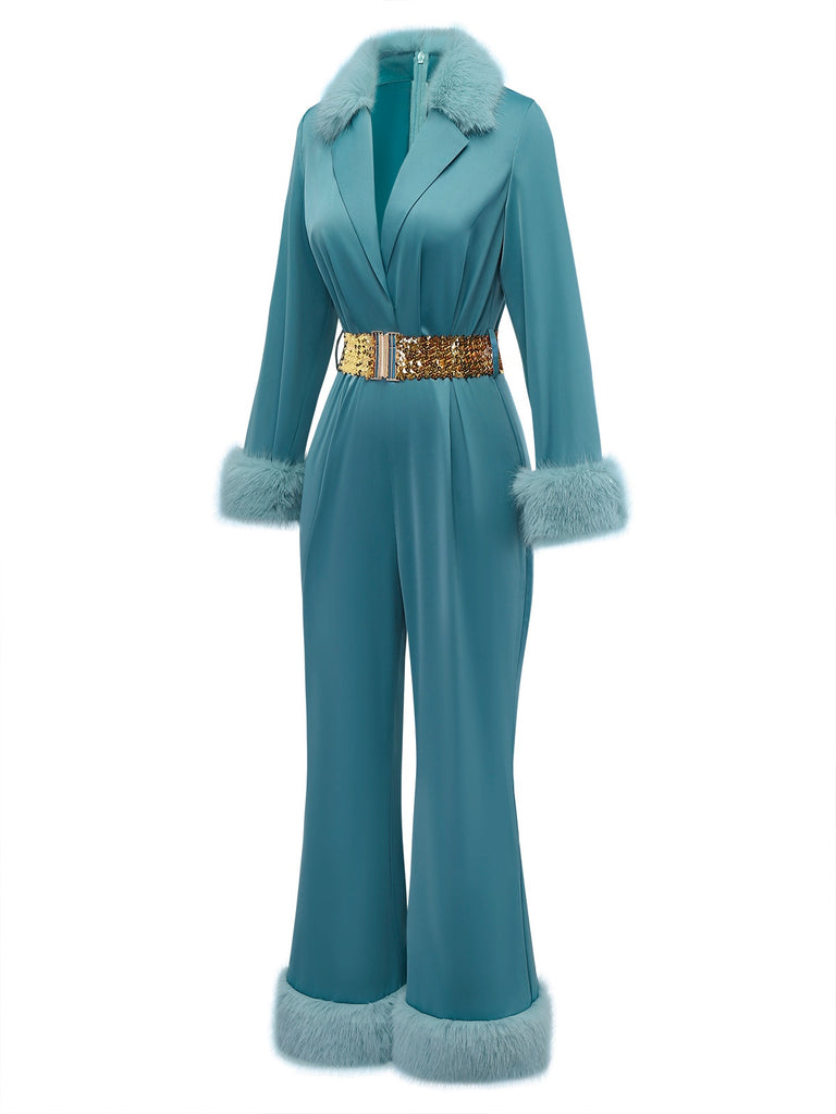 Blau 1970er Pelzbesatz Revers Pailletten Gürtel Jumpsuit