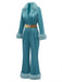 Blau 1970er Pelzbesatz Revers Pailletten Gürtel Jumpsuit