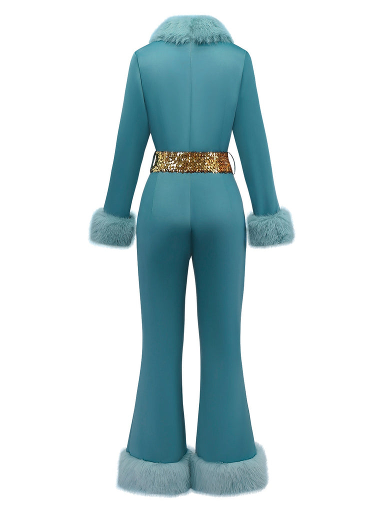 Blau 1970er Pelzbesatz Revers Pailletten Gürtel Jumpsuit