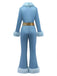 [Vorverkauf] Blau 1970er Pelzbesatz Revers Pailletten Gürtel Jumpsuit