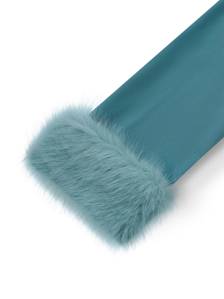 Blau 1970er Pelzbesatz Revers Pailletten Gürtel Jumpsuit