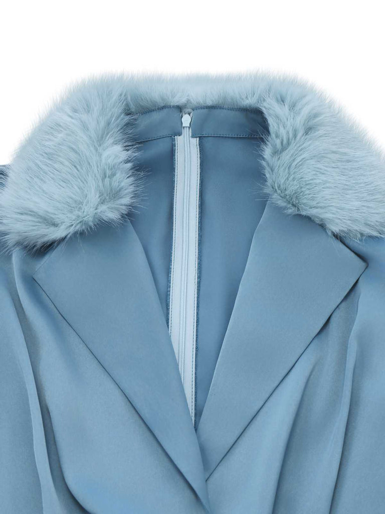 [Vorverkauf] Blau 1970er Pelzbesatz Revers Pailletten Gürtel Jumpsuit