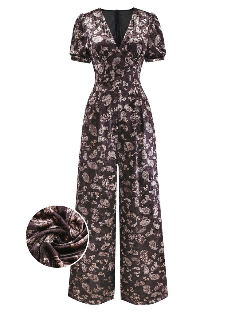 [Vorverkauf] Braun 1970er Paisley Samt Puffärmel Jumpsuit