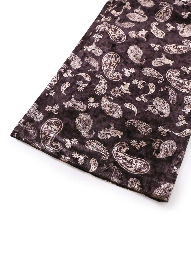 [Vorverkauf] Braun 1970er Paisley Samt Puffärmel Jumpsuit