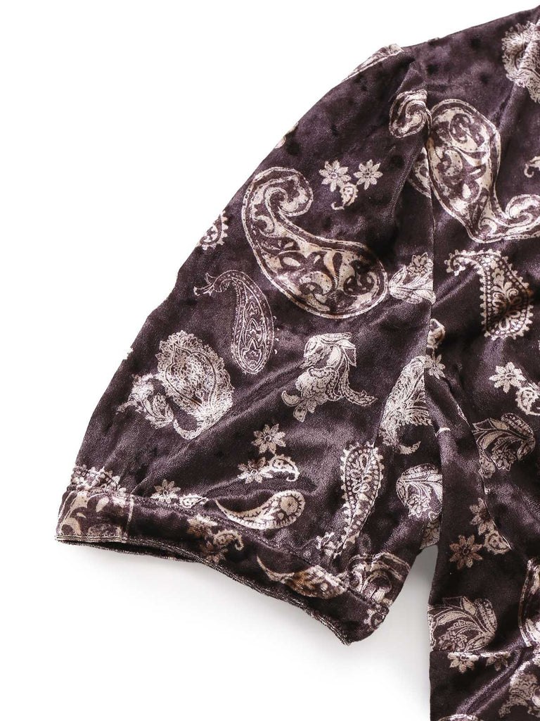 [Vorverkauf] Braun 1970er Paisley Samt Puffärmel Jumpsuit