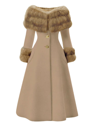 [Vorverkauf] Kamelfarbe 1950er Mehrschichtig Pelzkragen Mantel