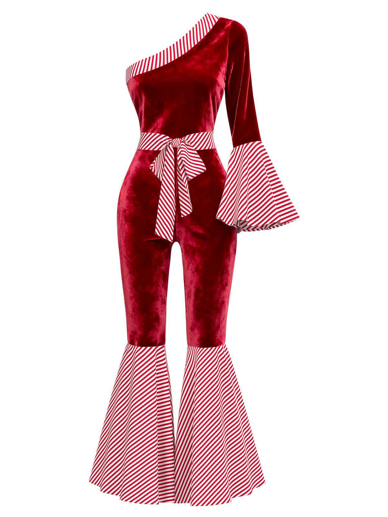Rot 1970er Samt Candy Streifen Glockenärmel Jumpsuit