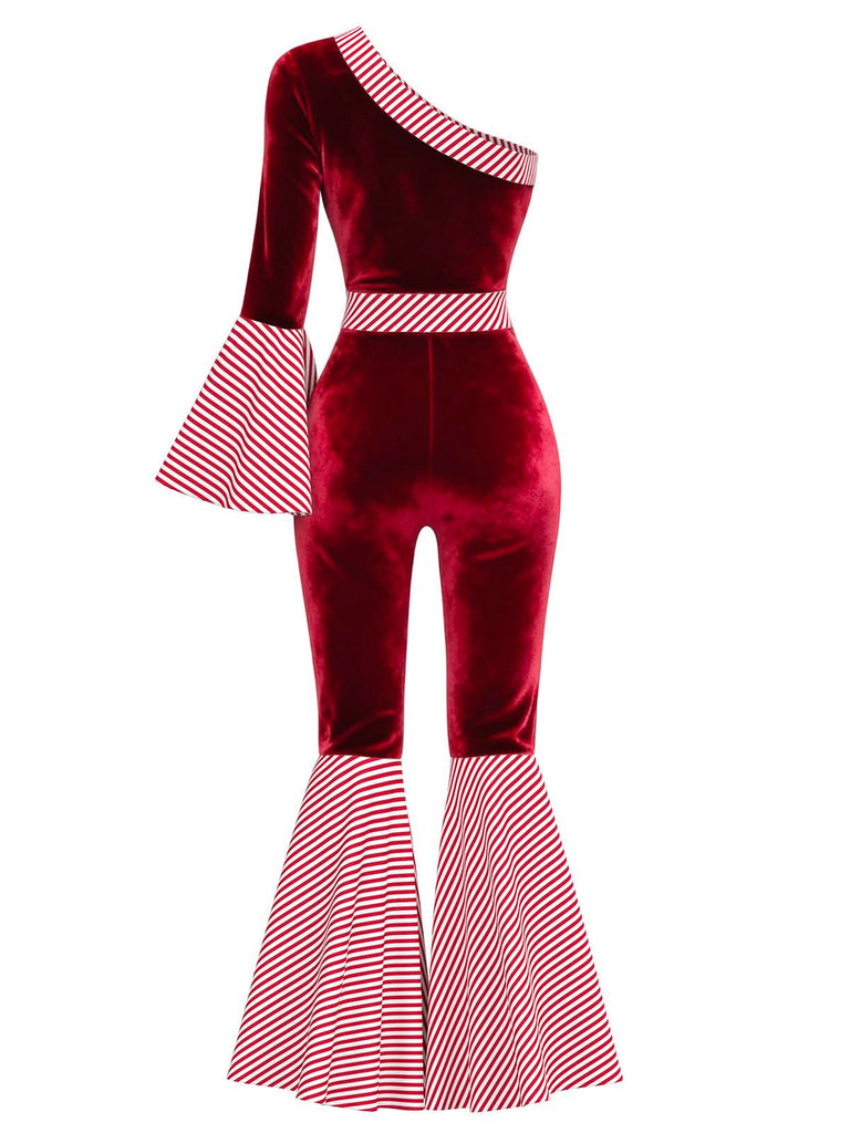 Rot 1970er Samt Candy Streifen Glockenärmel Jumpsuit