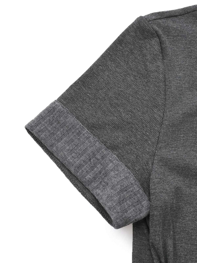 [Vorverkauf] Grau 1970er Stricken Leder Schnalle Plissiertes Kleid