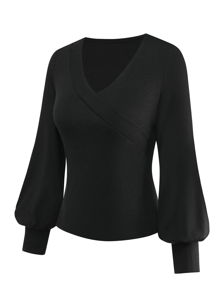 [Vorverkauf] Schwarz 1950S V-Ausschnitt Laternenärmel Stricken Top