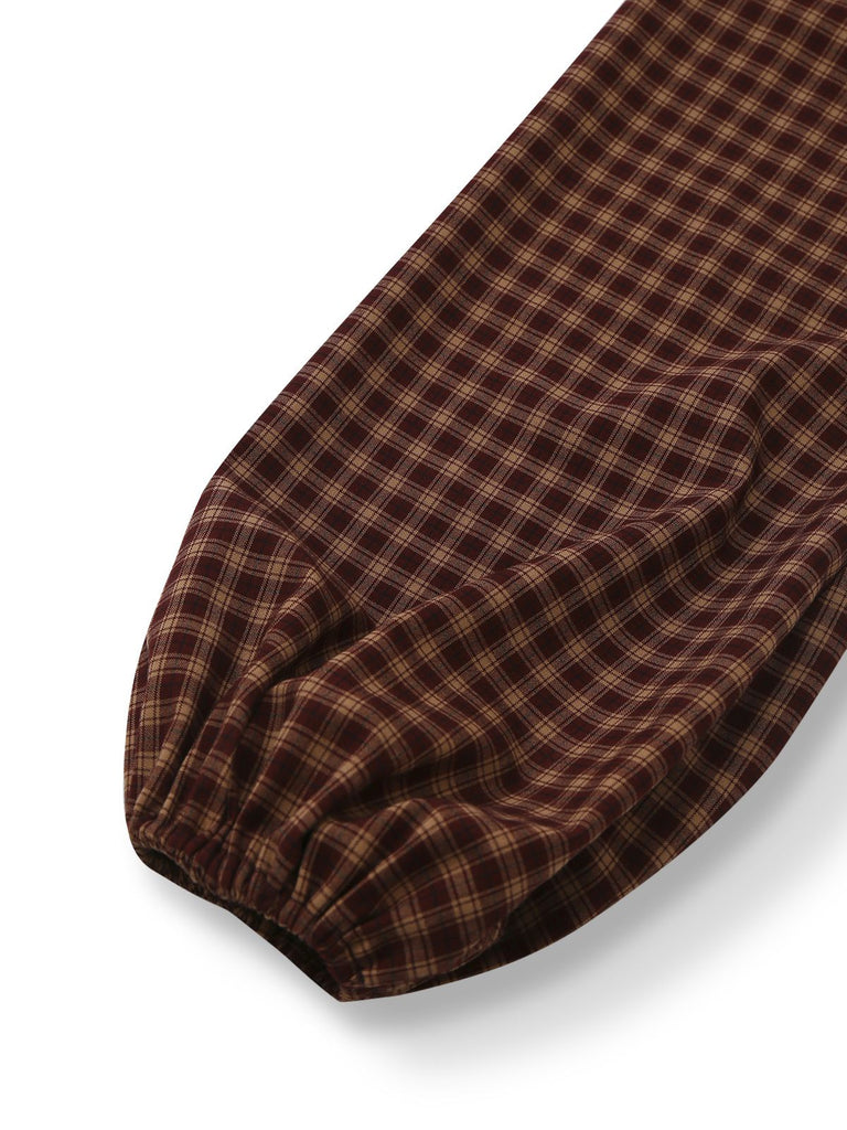 [Vorverkauf] Braun 1950er Vichy Schnürung Rückenfrei Gestuft Kleid