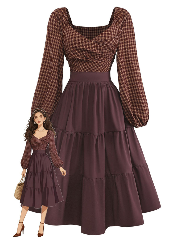 [Vorverkauf] Braun 1950er Vichy Schnürung Rückenfrei Gestuft Kleid