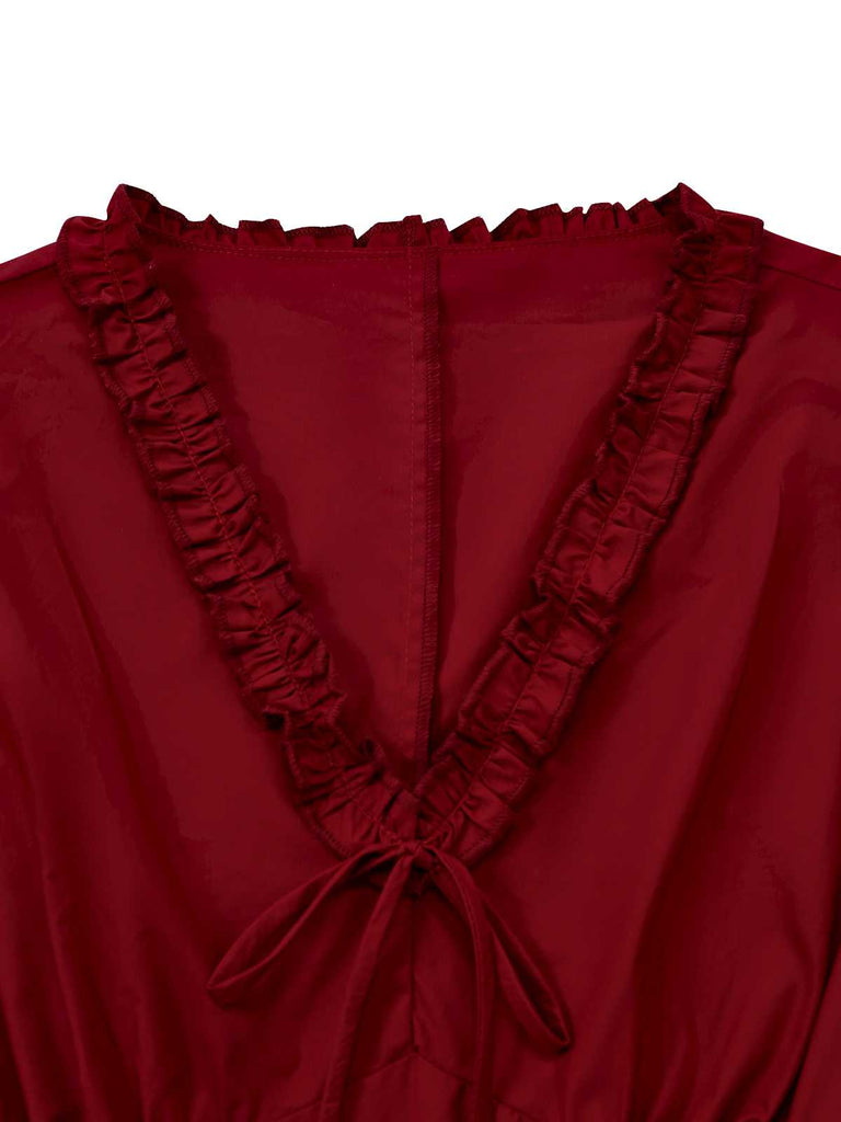 [Vorverkauf] Rot 1950er Rüschen V-Ausschnitt Stricken Karo Kleid