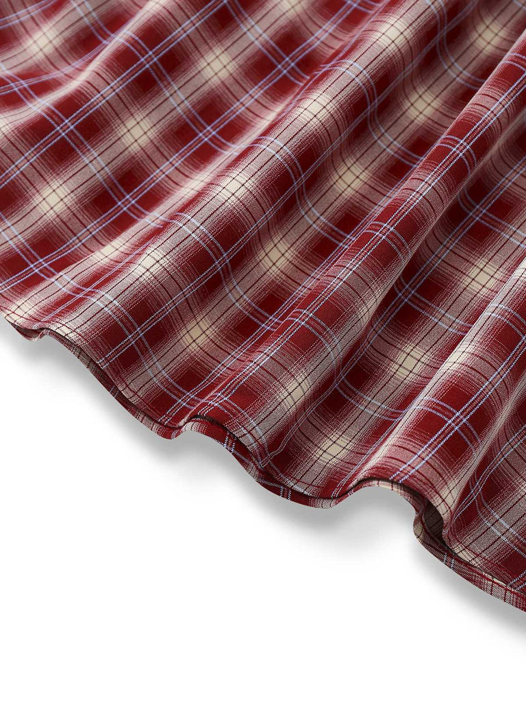 [Vorverkauf] Rot 1950er Rüschen V-Ausschnitt Stricken Karo Kleid