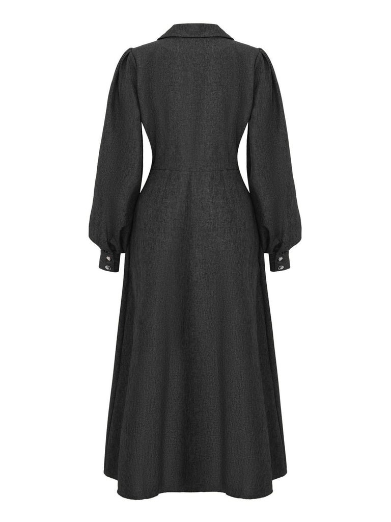 1940er Gekerbt Kragen Laternenärmel Taste Kleid